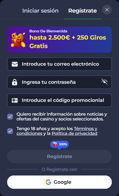 Casino registration form with fields for email, password, and promo code