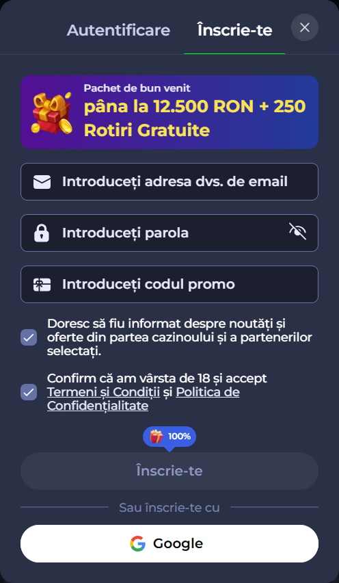 Screenshot of a Romanian online casino registration form with a welcome bonus offer.