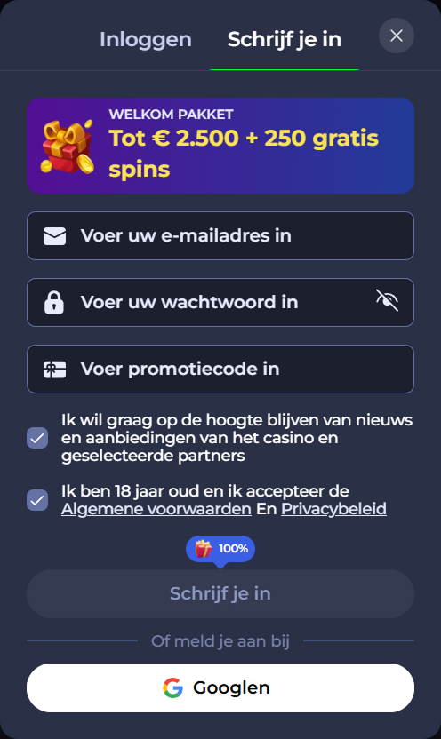 Casino login/registration form with welcome package offer and fields for email, password, and promo code.