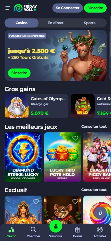 Friday Roll casino app screenshot with games like Gates of Olympus and Diamond Strike