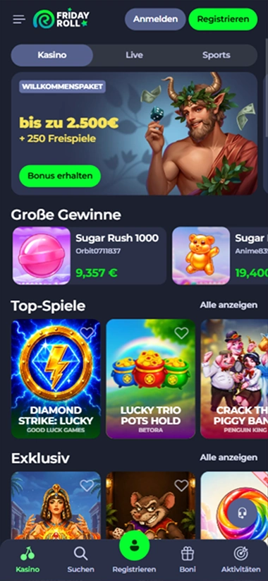 Friday Roll casino homepage with games like Diamond Strike and Sugar Rush 1000