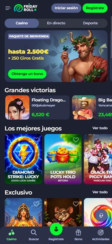 Friday Roll Casino app interface showing welcome bonus, slots, and live games