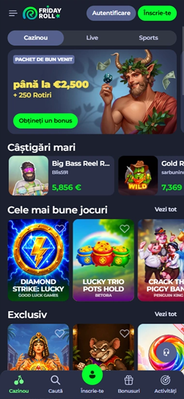 Friday Roll casino app interface with bonus offer and game icons