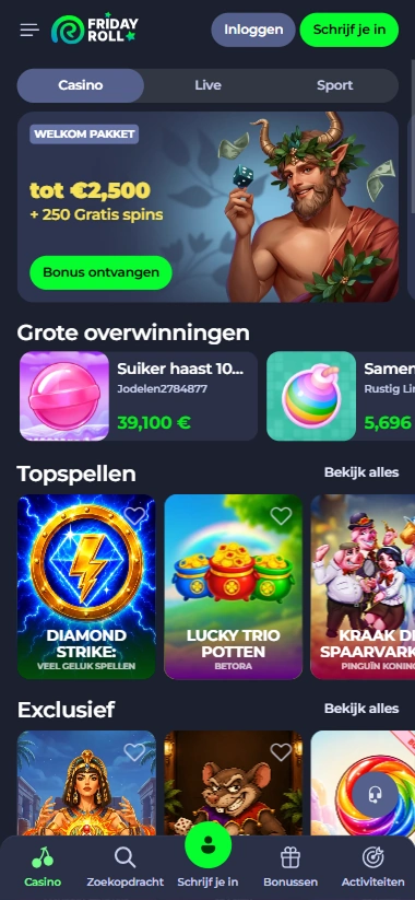Friday Roll casino app interface with games like Diamond Strike and Lucky Trio Potten