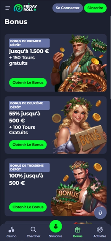Friday Roll casino app bonuses: deposit offers with free spins.