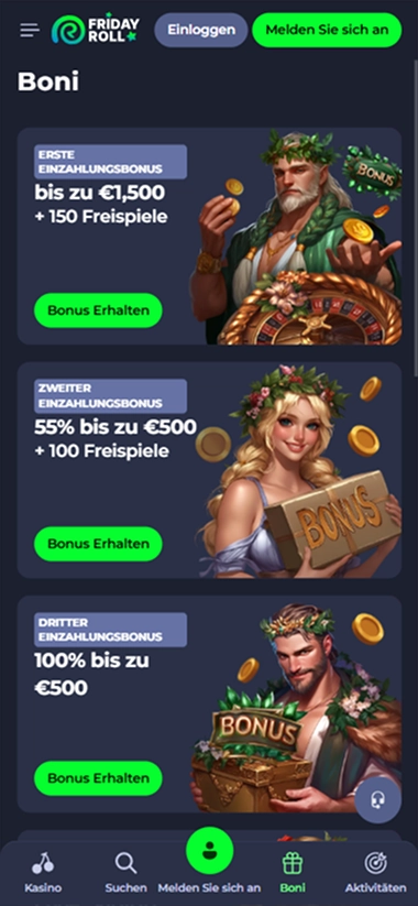Friday Roll casino bonuses: 1st deposit up to €1500, 2nd up to €500, 3rd up to €500