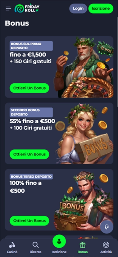 Friday Roll casino bonus offers: first, second, and third deposit bonuses up to €1500 and 100 free spins.