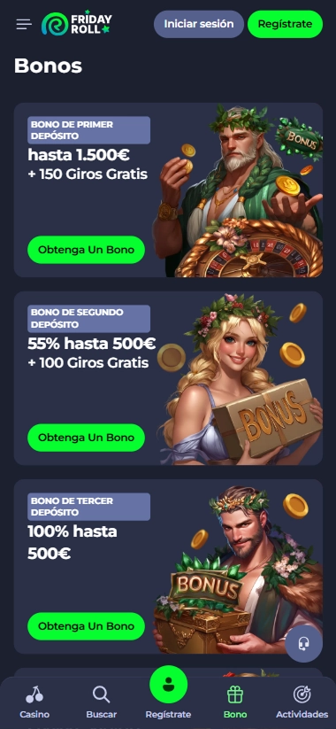 Friday Roll casino bonuses: 1st deposit up to 1500€ + 150 free spins, 2nd deposit up to 500€, 3rd deposit 100% up to 500€.