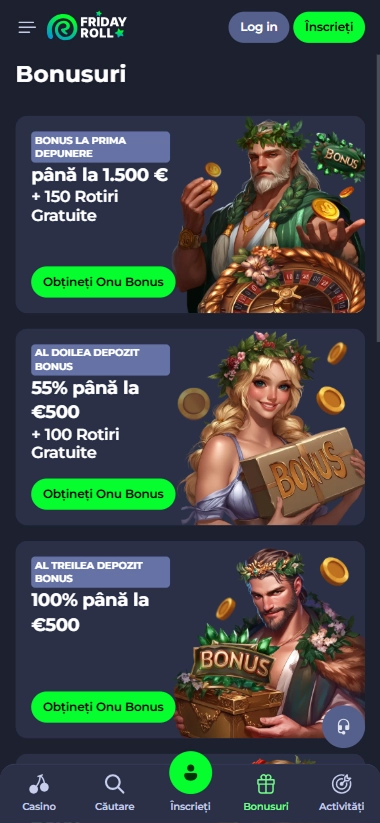 Friday Roll casino bonuses: 1500€ deposit bonus + 150 free spins, 50% up to 500€ + 100 free spins, 100% up to 500€