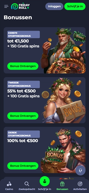 Friday Roll casino bonuses: First, second, and third deposit bonuses with free spins.