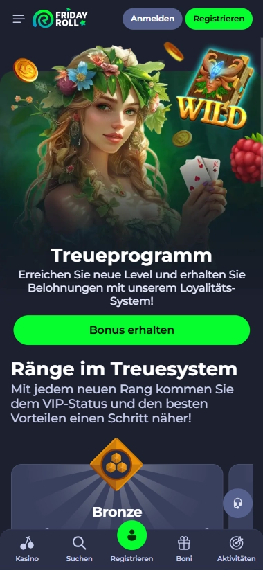 Friday Roll casino loyalty program: Bronze level, woman with flowers, "WILD" slot symbol