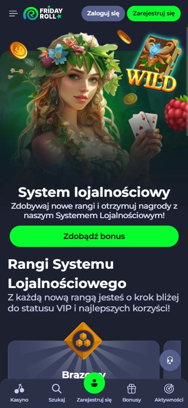 Friday Roll casino loyalty system with woman, wild symbol, and bonus offer
