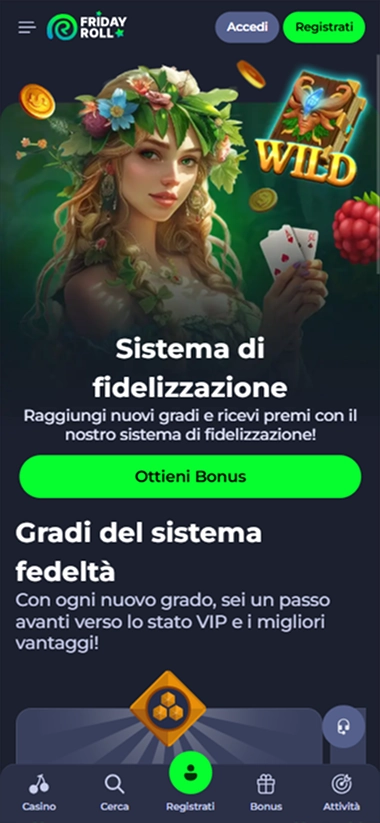 Woman in floral crown holding cards, "Sistema di fidelizzazione" and "Ottieni Bonus" text
