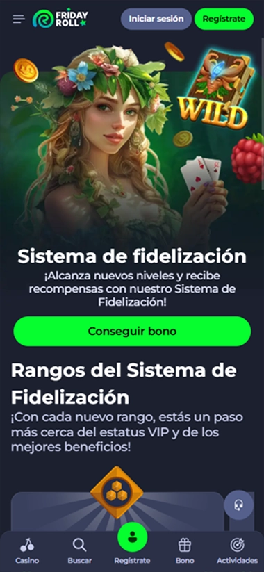 Friday Roll casino app screenshot with woman and game promotions