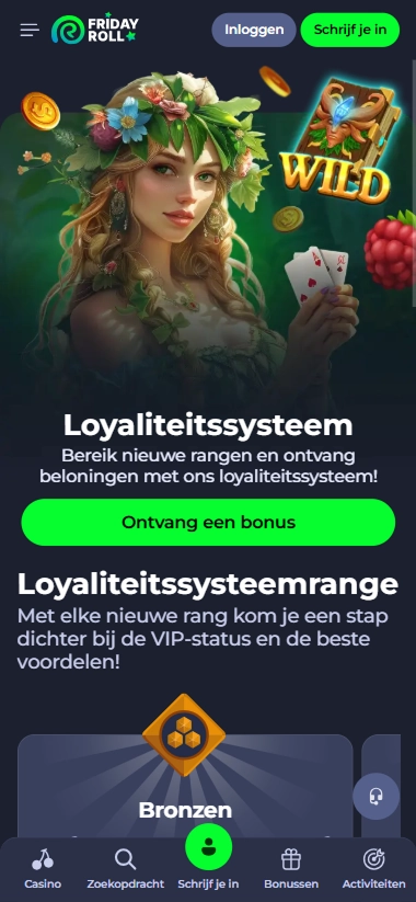 Friday Roll casino loyalty system screen with woman and wild symbol