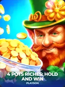 Leprechaun with pot of gold coins, "4 POKER RICHES: HOLD AND WIN" game