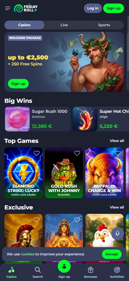Friday Roll casino app interface showing slots, live games, and sports betting options.