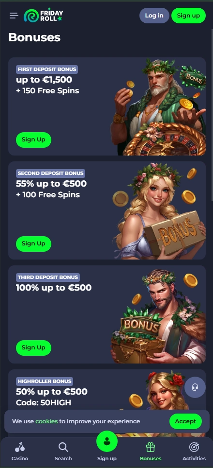 Friday Roll casino bonuses: First deposit bonus up to €1,500 + 150 Free Spins