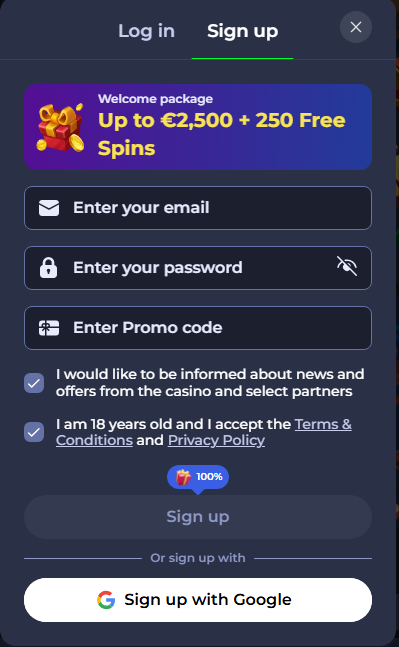 Casino sign up form with fields for email, password, promo code, and terms acceptance