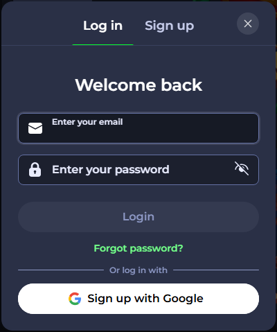 Login screen with fields for email, password, and sign up with Google button.