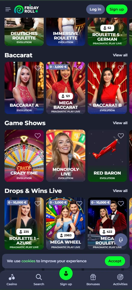 Friday Casino app interface showing live casino games like Baccarat, Roulette, and Game Shows.